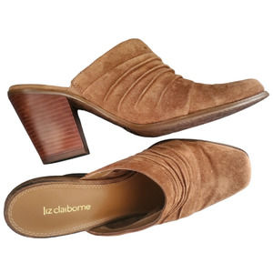 Liz Claiborne Brown Suede Mules Slides 3" Heels Shoes Sz 8.5